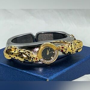 Two-Tone Leopard Accent Bangle Hinged Watch in Black and Gold